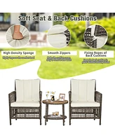 Sugift 3 Pieces Patio Rattan Conversation Sets with Cushioned Sofas and Wood Table Top