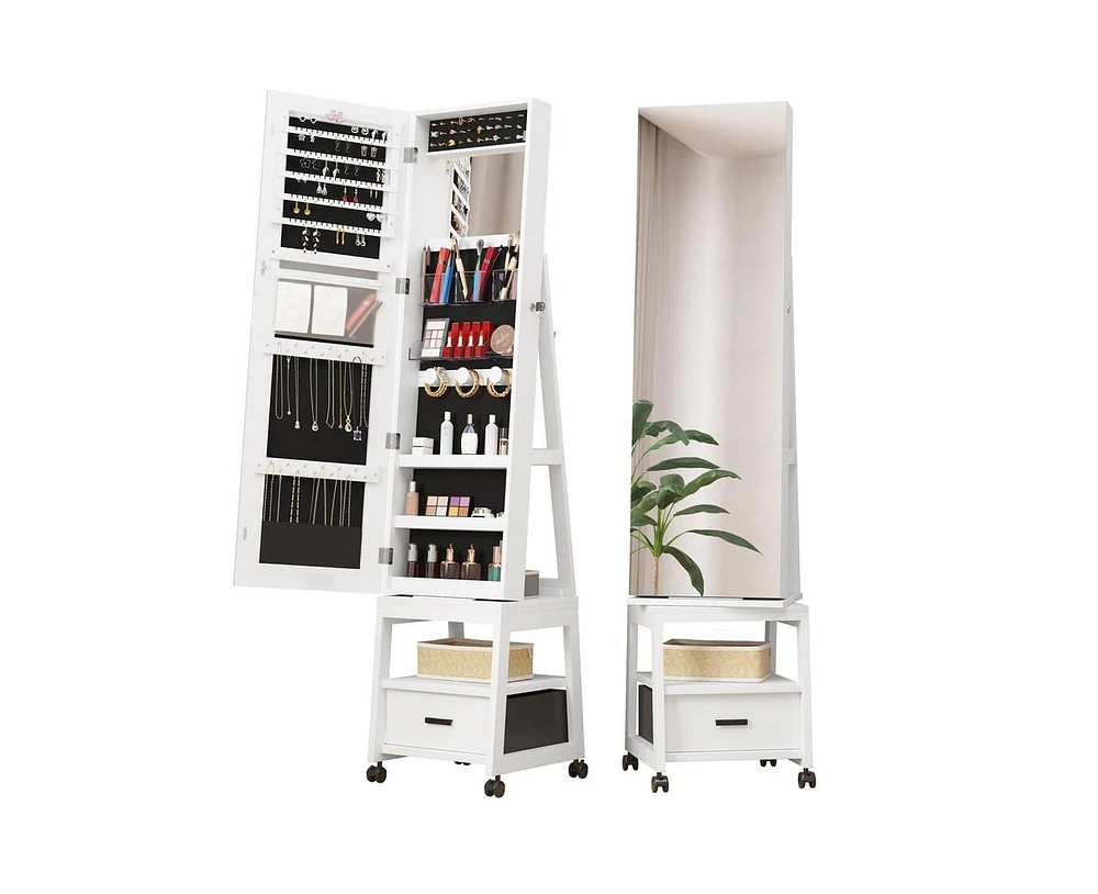 Garmin 360°Swivel Jewelry Armoire, Floor Standing Locking with Full Length Mirror,Bottom Drawer, Shelf, Wheels,White Cabinet with Storage Capacit