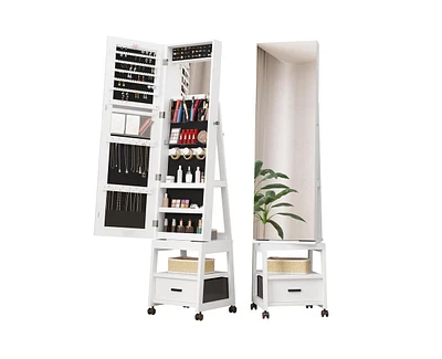 Garmin 360°Swivel Jewelry Armoire, Floor Standing Locking with Full Length Mirror,Bottom Drawer, Shelf, Wheels,White Cabinet with Storage Capacit