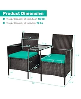 Sugift Rattan Patio Conversation Set Cushioned with Glass Table