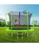 Slickblue 10FT Trampoline for Kids with Safety Enclosure Net, Basketball Hoop and Ladder, Easy Assembly Round Outdoor Recreational Trampoline