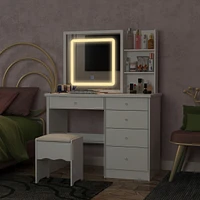 Famapy 5-Drawers White Makeup Vanity Sets Dressing Table Sets with Led Dimmable Mirror, Stool and 3-Tier Storage Shelves