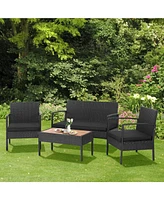 Sugift 4 Pieces Patio Rattan Cushioned Furniture Set with Wooden Tabletop