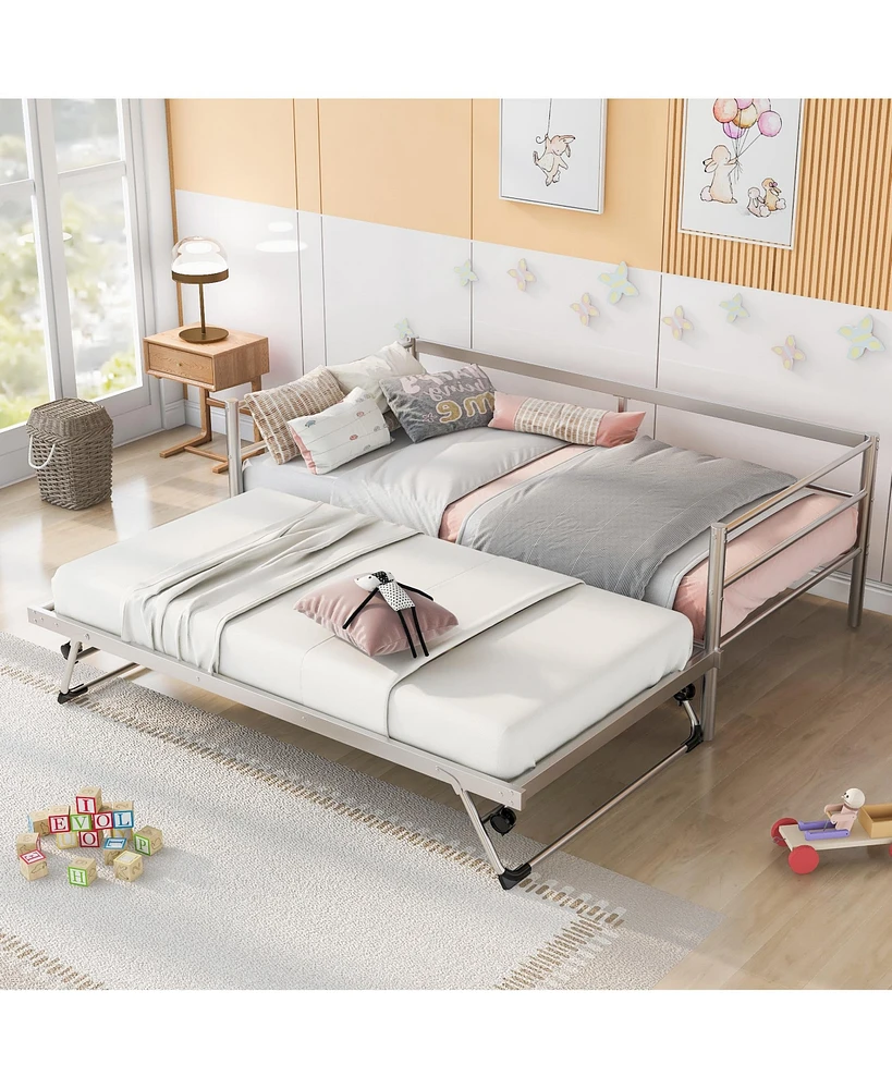 Slickblue Twin Size Metal Daybed with Adjustable Trundle for Versatile Guest Room or Kids' Room