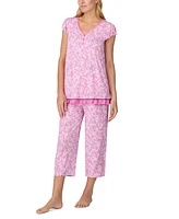 Ellen Tracy Women's Cropped Flutter-Sleeve Floral Pajama Set