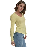 Dkny Jeans Petite Ruched Puffed Long-Sleeve Top