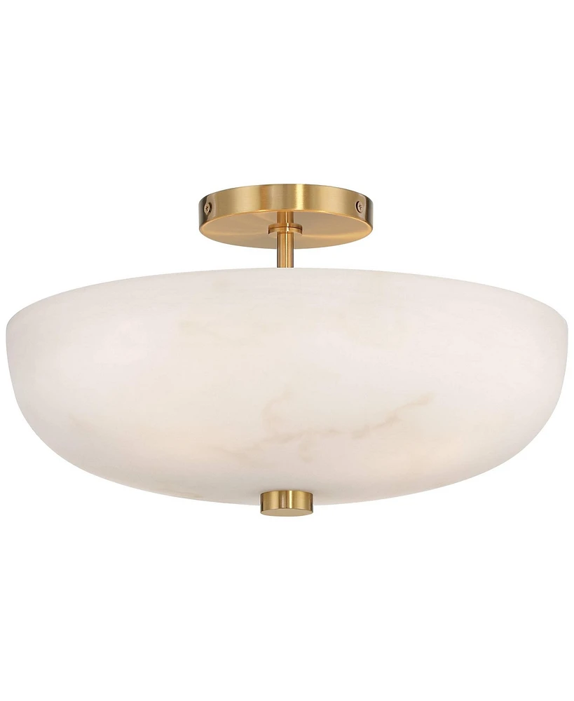 Regency Hill Brock 16" Modern Semi Flush-Mount Ceiling Light Fixture Kitchen Foyer Hallway Round Warm Gold Finish Faux Alabaster Glass Bedroom Bathroo