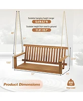 Sugift 2-Seat Acacia Wood Porch Swing Bench with 2 Hanging Hemp Ropes