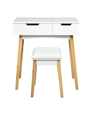 Sugift Wooden Vanity Table with Flip Top Mirror and Cushioned Stool