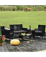 Sugift 4 Pieces Patio Rattan Cushioned Sofa Set with Tempered Glass Coffee Table-Grey