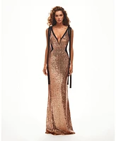 Milla Women's Bizzare Fully Sequed Tie-Straps Gold Maxi Dress