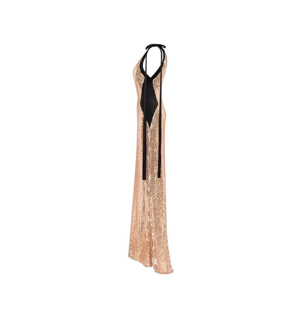 Milla Women's Bizzare Fully Sequined Tie-Straps Gold Maxi Dress, Smoky Quartz