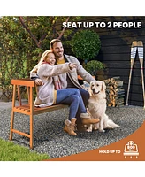 Sugift 2-Person Patio Acacia Wood Bench with Backrest and Armrests