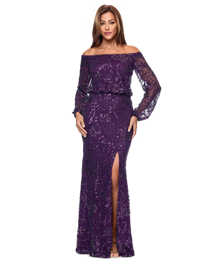 Xscape Petite Sequin Off-The-Shoulder Side-Slit Gown