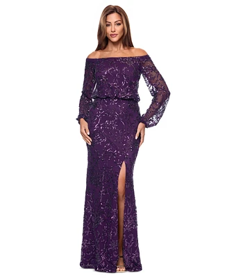 Xscape Petite Sequin Off-The-Shoulder Side-Slit Gown