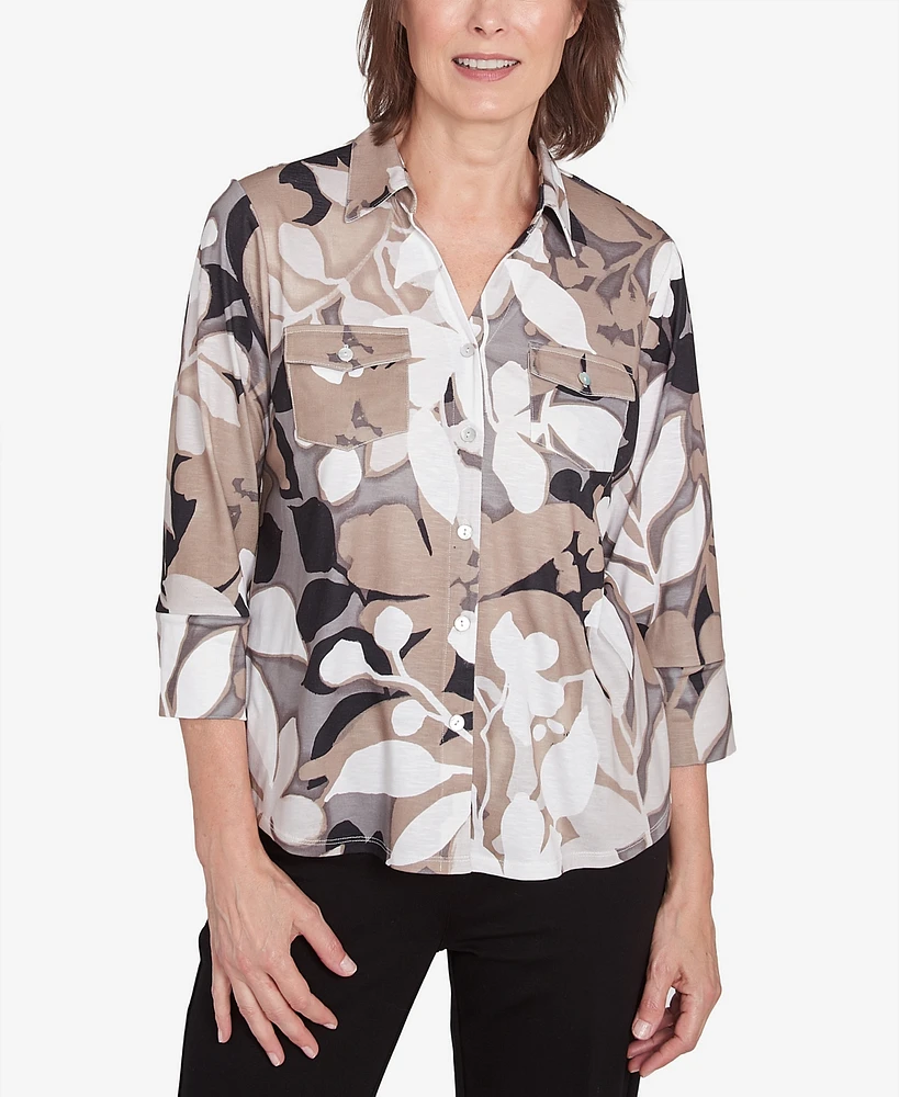 Alfred Dunner Petite Shadow Leaf Print Button Front Top