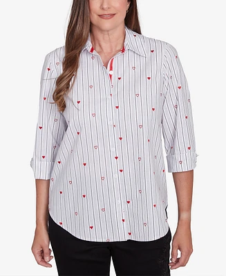 Alfred Dunner Petite Woven Button Down Top with Stripes Hearts