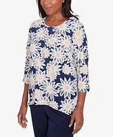 Alfred Dunner Petite Daisy Puff Print Crew Neck Top with Necklace