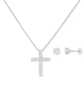 Holiday Lane 2-Pc. Cubic Zirconia Heart Cross Pendant Necklace & Stud Earring Set Sterling Silver, Created for Macy's