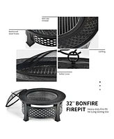 Costway 32'' Round Fire Pit Set W/ Rain Cover Bbq Grill Log Grate Poker