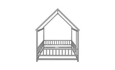 Slickblue Full Floor Wooden Bed with House Roof Frame, Fence Guardrails