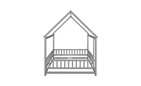 Slickblue Full Floor Wooden Bed with House Roof Frame, Fence Guardrails