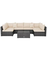 Costway 7PCS Patio Rattan Furniture Set Sectional Sofa Cushioned Garden Peacock