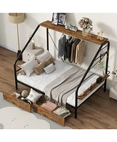 Slickblue Black Full Size Metal Platform Bed Frame with Clothes Rack, Storage Shelves & 2 Drawers