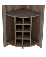 Giza Corner Bar Cabinet, Three Shelves, Eight Built-in Wine Rack, Two Side Shelves, Dark Brown