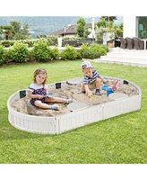 Costway 6F Wooden Sandbox with Built-in Corner Seat, Cover, Bottom Liner for Outdoor Play