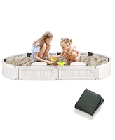 Costway 6F Wooden Sandbox with Built-in Corner Seat, Cover, Bottom Liner for Outdoor Play