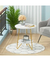 Tribesigns Faux Marble End Table Set of 2, 2 Tier Round Side Table with Shelves, Modern Gold Nightstand Bedside Table Small Coffee Accent Table for Li