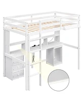 Streamdale Furniture Full Size Loft Bed With Multi-Storage Desk, Led Light And Bedside Tray, Charging Station