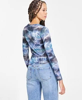 Bar Iii Women's Printed Long-Sleeve Ruched Mesh Top, Exclusively at Macy's