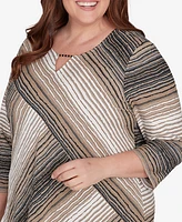 Alfred Dunner Plus Romancing the Stone Neutral Spliced Textured Stripe Top