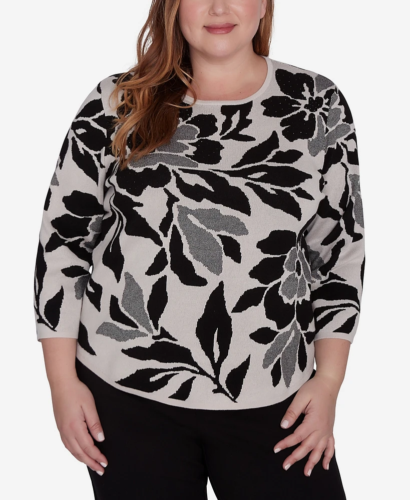 Alfred Dunner Plus Romancing the Stone Floral Jacquard Crew Neck Sweater