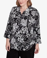 Alfred Dunner Plus Wild at Heart Floral Puff Print Button Down Top