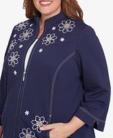 Alfred Dunner Plus Block Island Embroidered Daisy French Terry Jacket