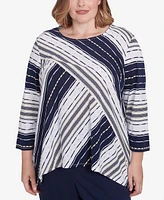 Alfred Dunner Plus Block Island Spliced Stripe Crew Neck Textured Top