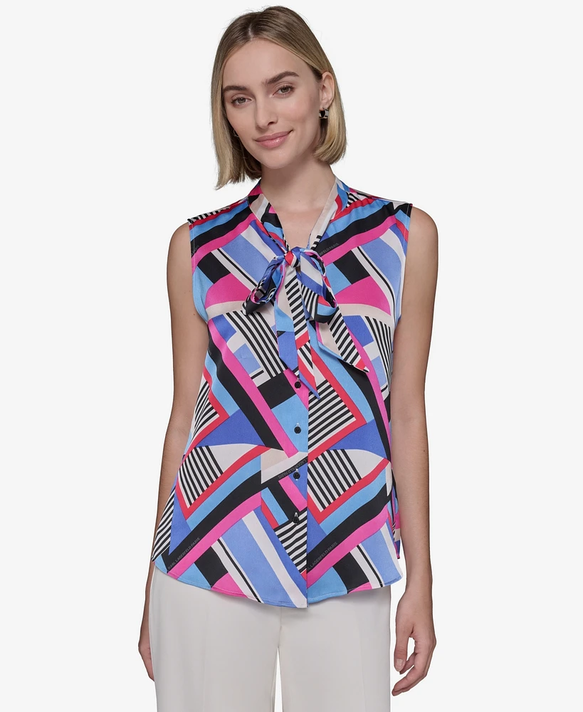 Karl Lagerfeld Paris Women's Crepe Geo-Print Tie-Neck Blouse