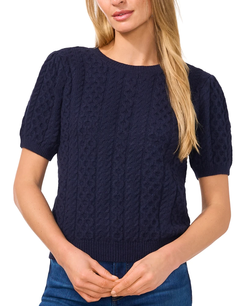 CeCe Women's Puff Short Sleeve Mixed Cable Knit Crew Neck Sweater