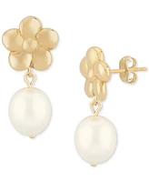 Macy's White Pearl (10mm) Flower Drop Earrings in 14k Yellow Gold