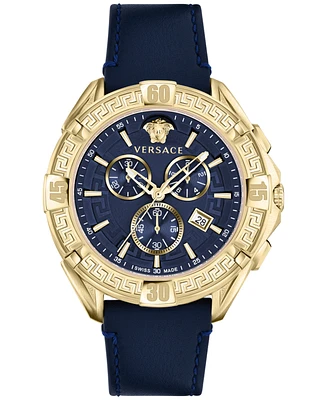 Versace Men's Swiss Chronograph Sporty Blue Leather Strap Watch 46mm