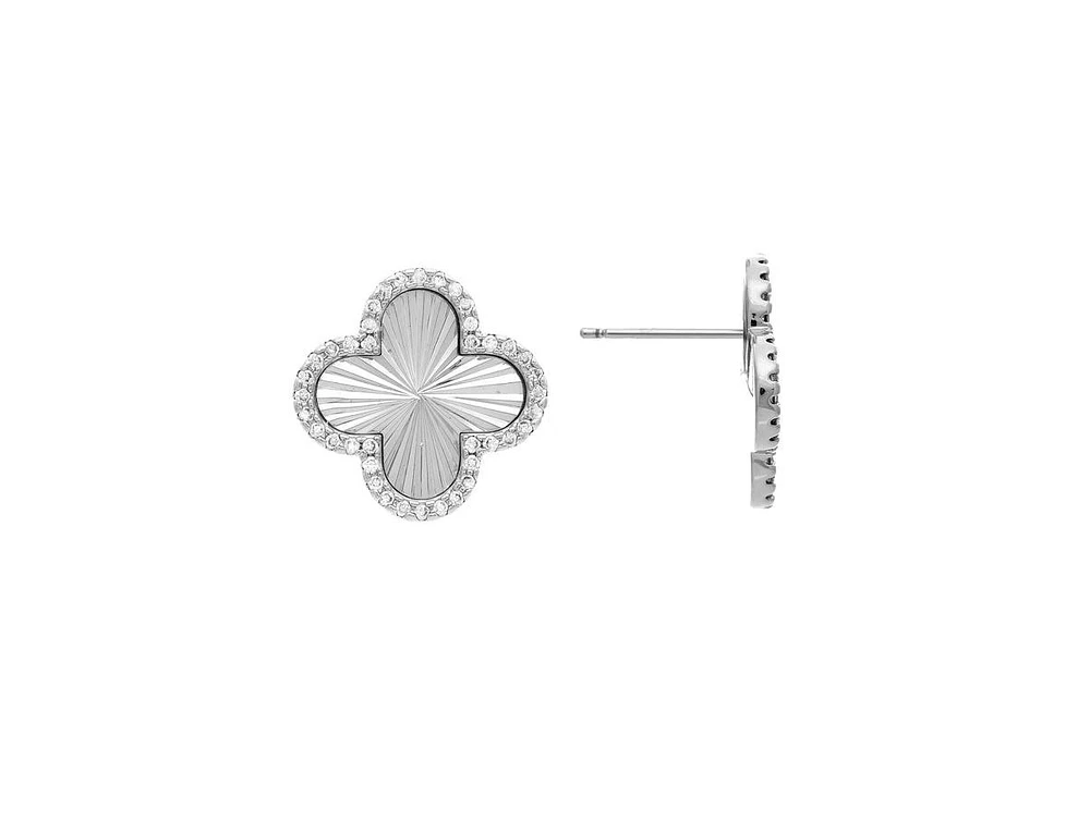 Rivka Friedman Rhodium Satin Finish Cubic Zirconia Clover Stud Earrings