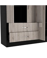 Gangi 160 Armoire, Double Door Cabinet , Two Mirrors, Metal Hardware, Two Drawers, Rod, Six Shelves, Black / Light Gray