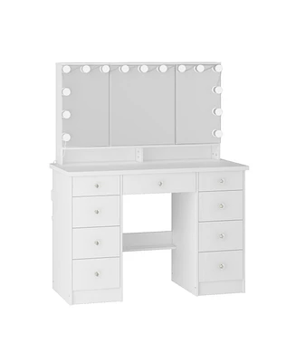 Homsee White Modern Makeup Vanity Desk 9 Drawers Wood Dressing Table With 3 Mirrors, Hidden Storage Shelves, Led Bulb Lights