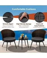 Sugift 3 Pieces Patio Rattan Bistro Set with 2 Seat Cushions and Tempered Glass Tabletop