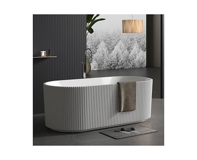 gaomon 59" Acrylic Freestanding Bathtub, V Shape Freestanding Soaking Acrylic Bathtub, Unique Pleated Design With Chrome Drain and Classic Slotted Ove