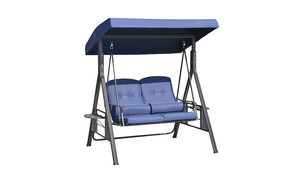 Slickblue 2-Seater Outdoor Patio Swing Chair with Canopy and Cup Holders – Dark Blue