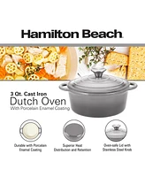 Hamilton Beach Enameled Cast Iron Dutch Oven Gray (3-Quart) | Cream Enamel Coating Pot with Lid Even Heat Distr